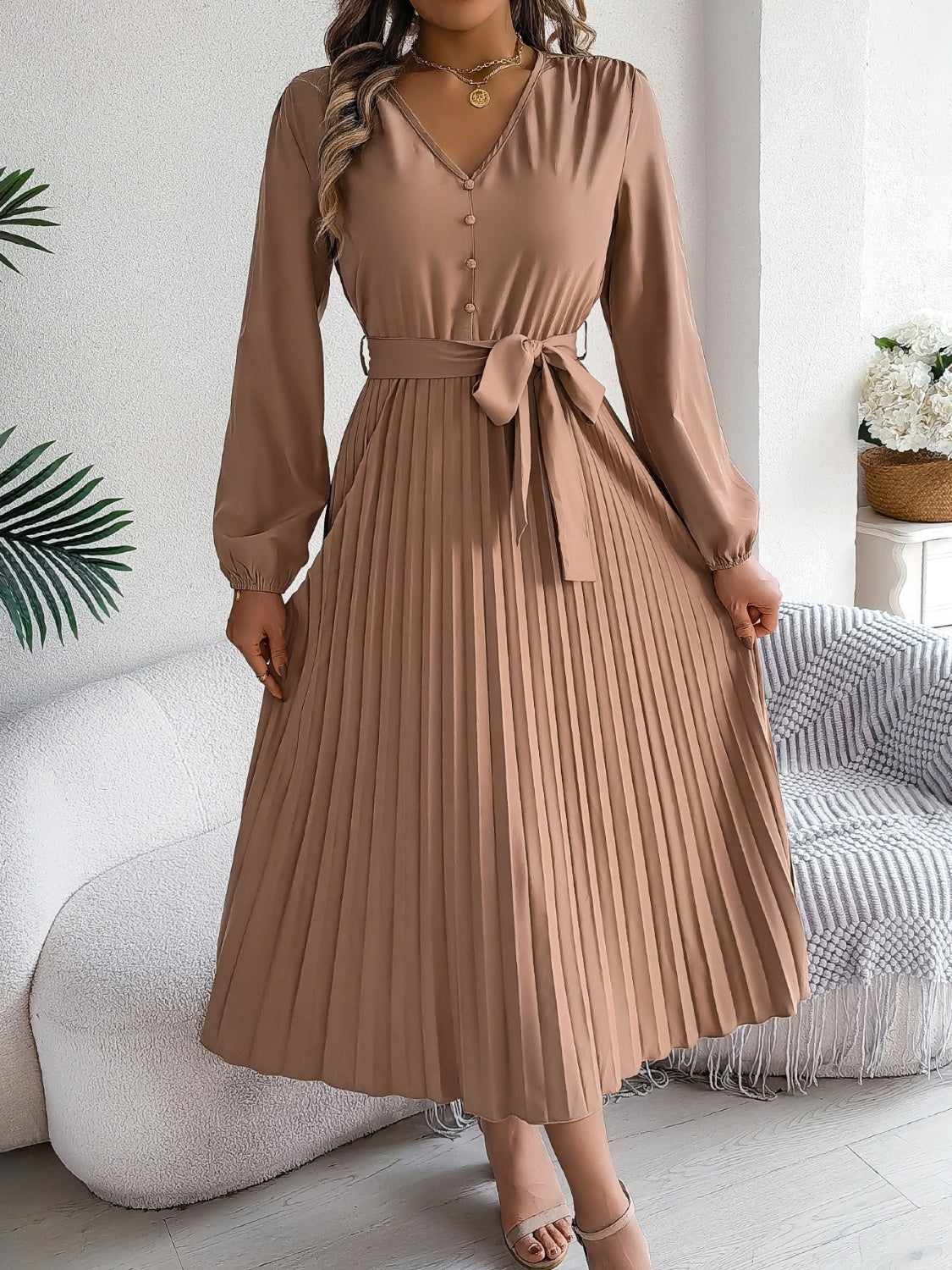 Pleated Tied V-Neck Long Sleeve Dress