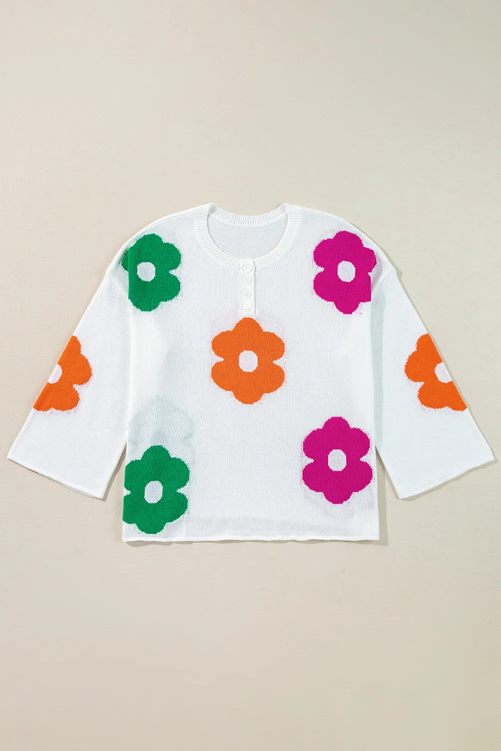 Flower Round Neck Quarter Button Knit Top