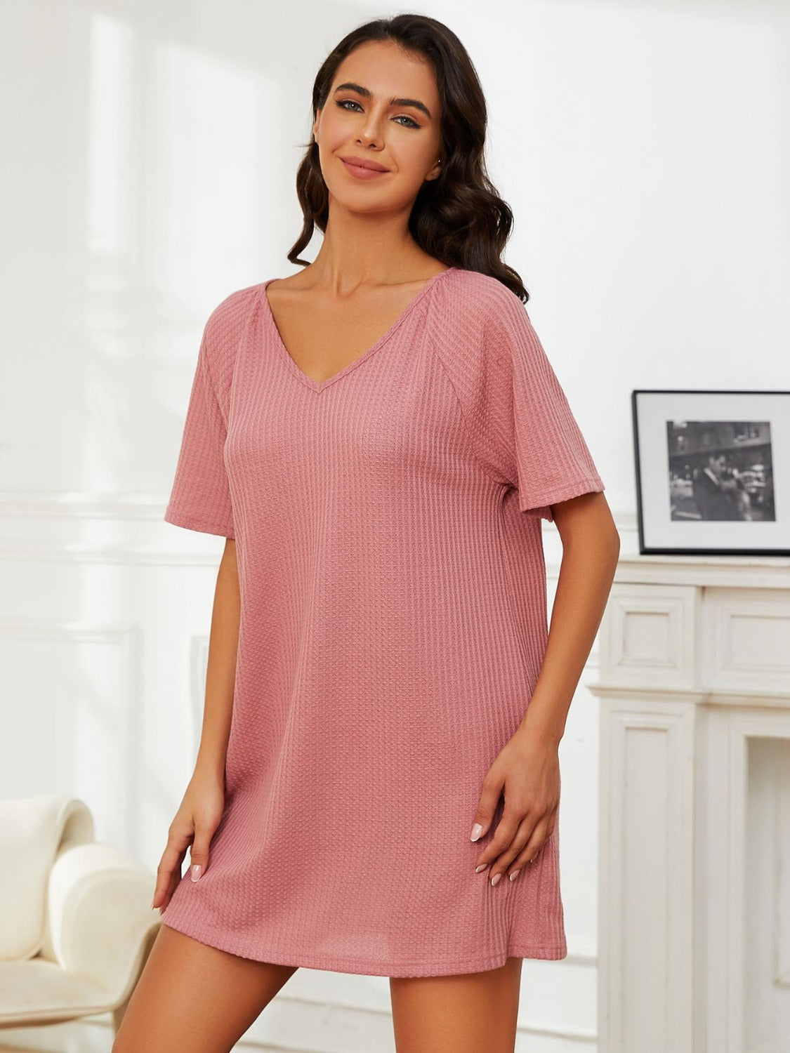 V-Neck Short Sleeve Mini Lounge Dress