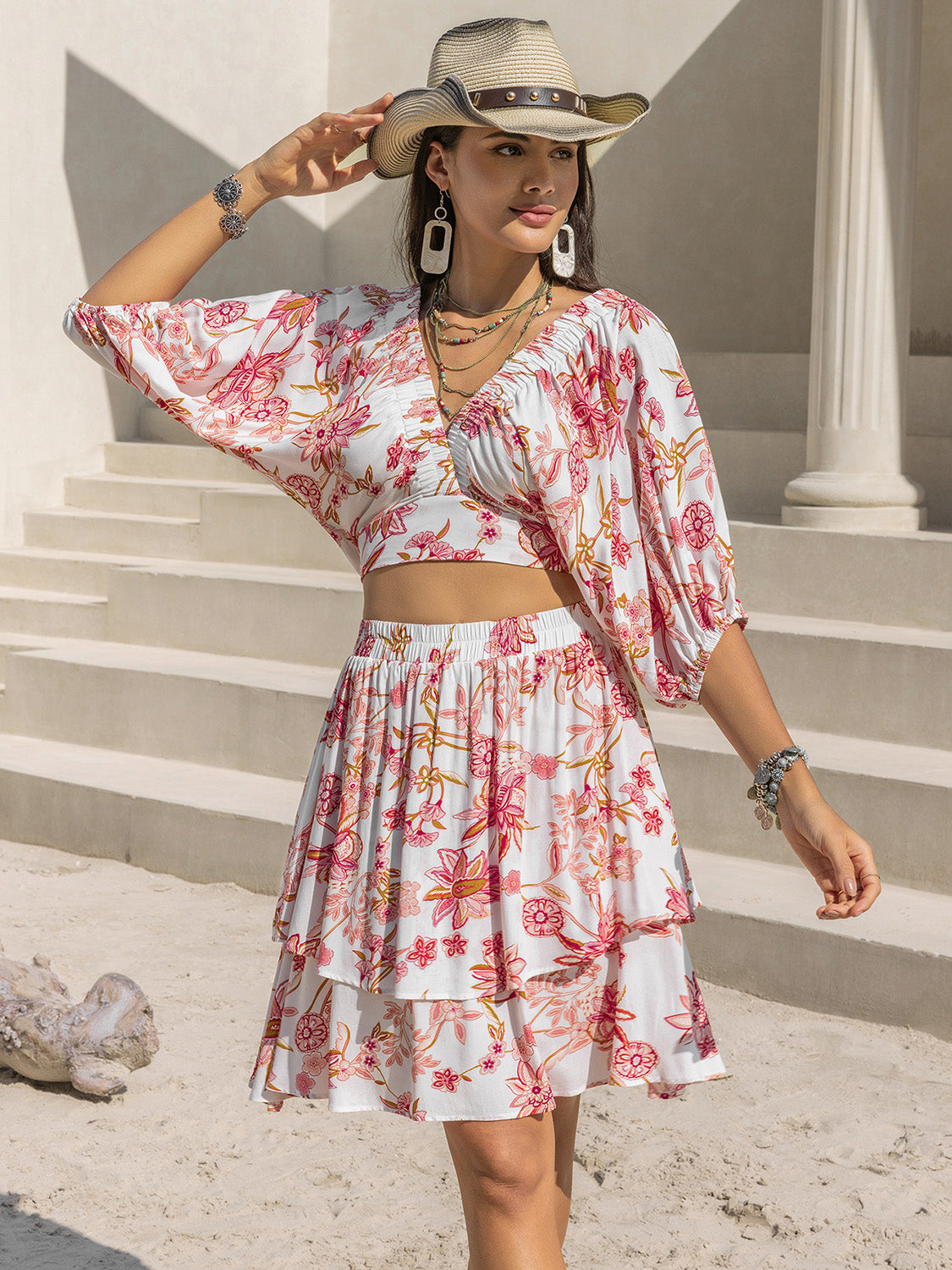 Printed Half Sleeve Top and Layered Skirt Set