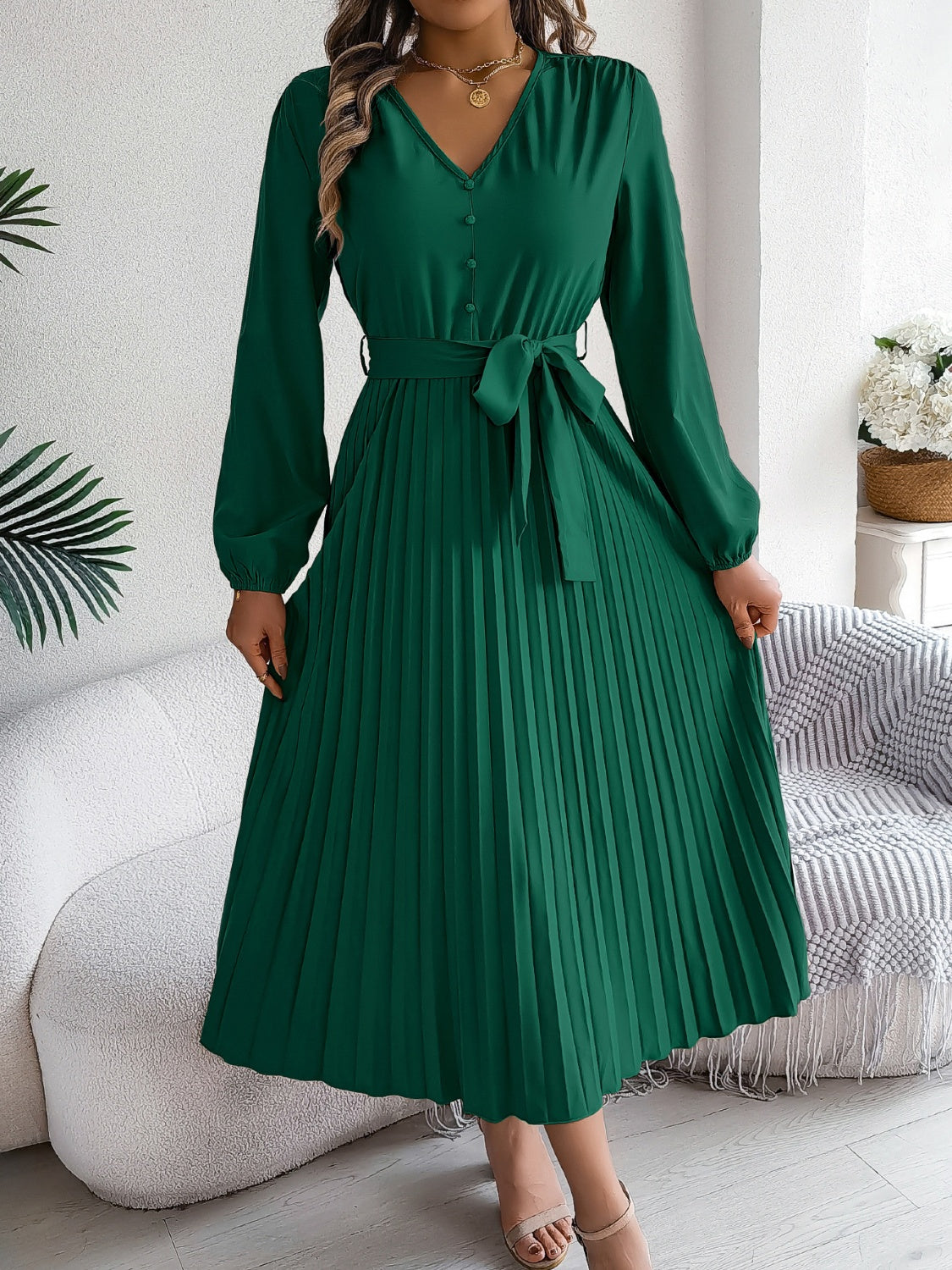 Pleated Tied V-Neck Long Sleeve Dress