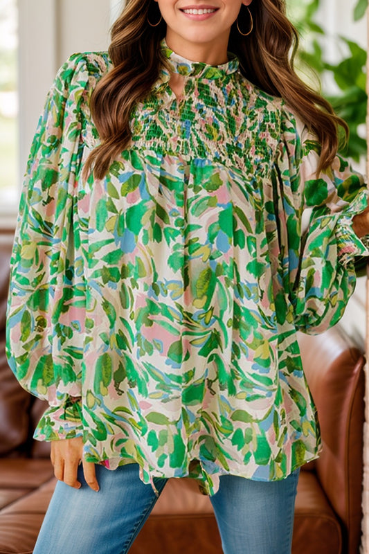 Frill Printed Mock Neck Flounce Sleeve Blouse