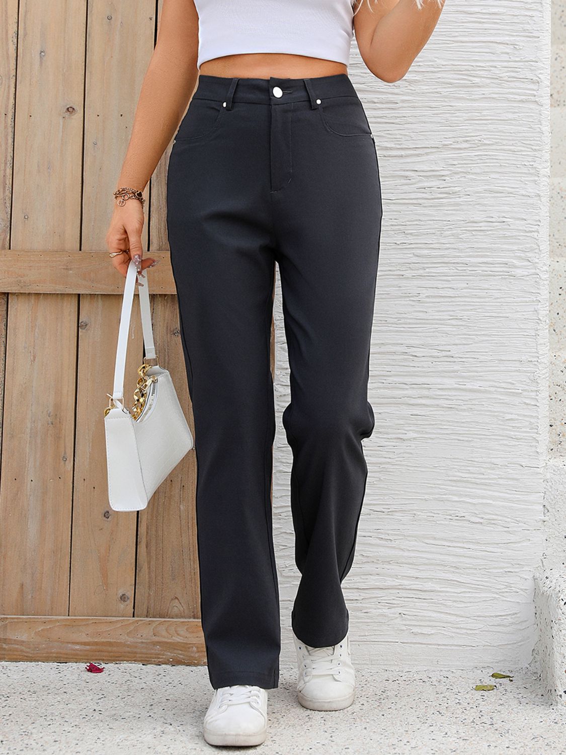 Pocketed High Waist Straight Pants