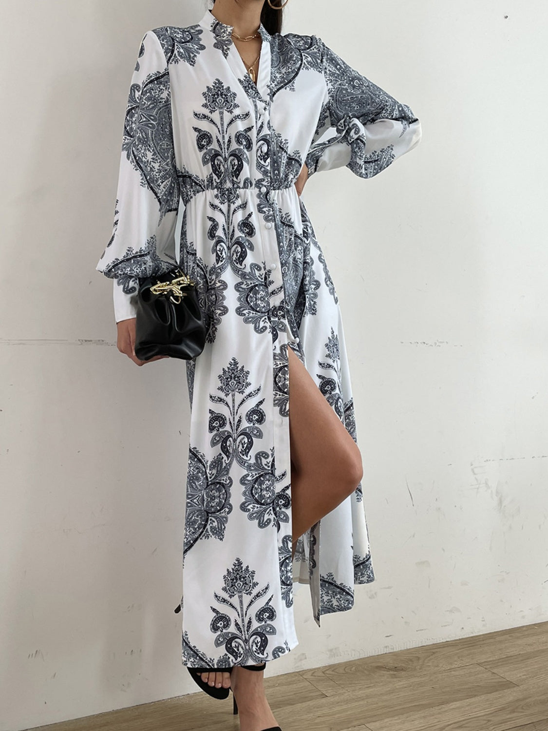 Printed Notched Lantern Sleeve Midi Dress