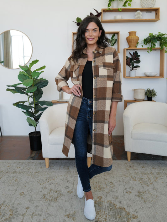 FAM-FAM Plaid Collared Neck Long Sleeve Longline Jacket