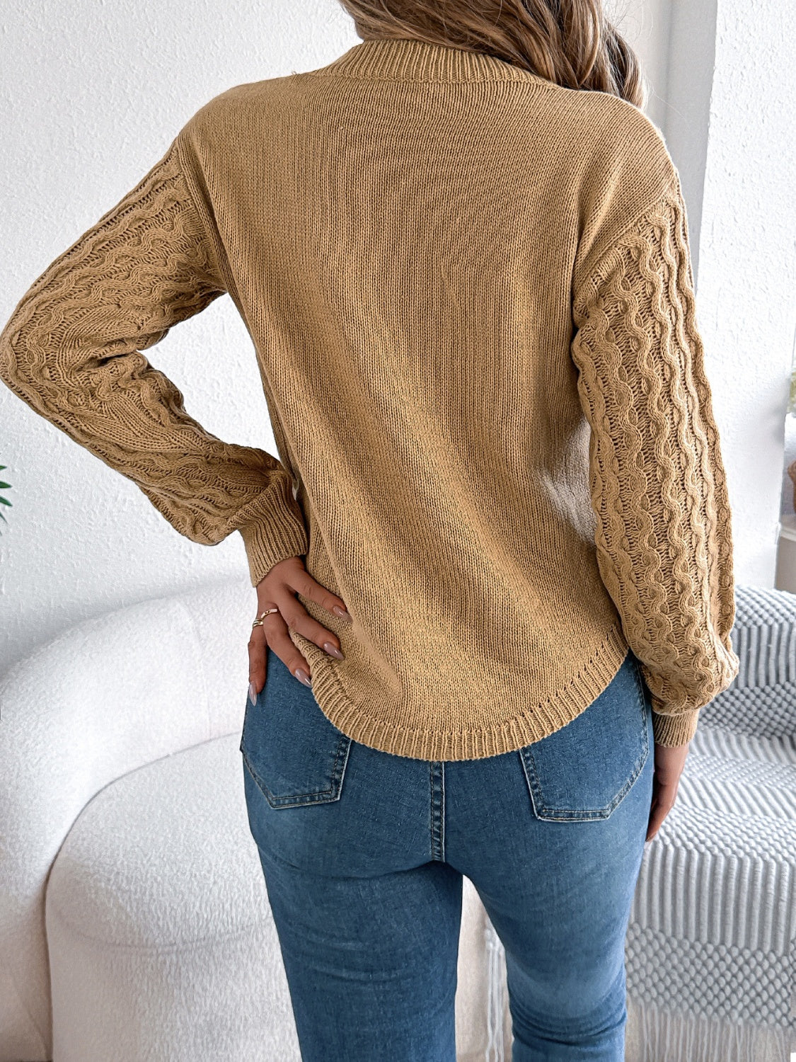 Asymmetric Hem Round Neck Long Sleeve Sweater