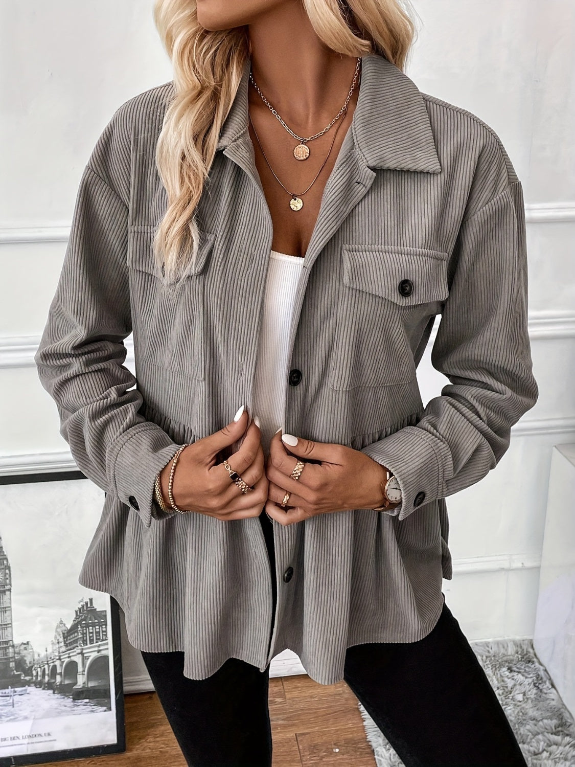 Corduroy Peplum Button Up Shacket