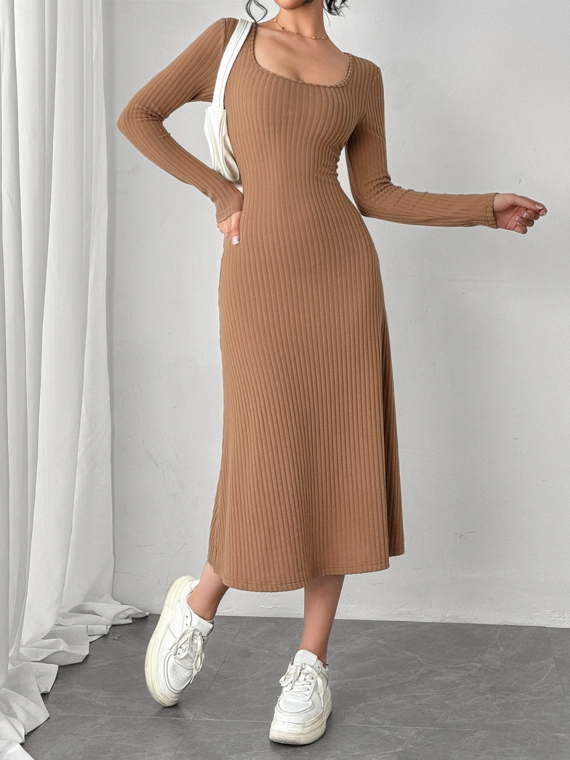 Square Neck Long Sleeve Midi Wrap Dress