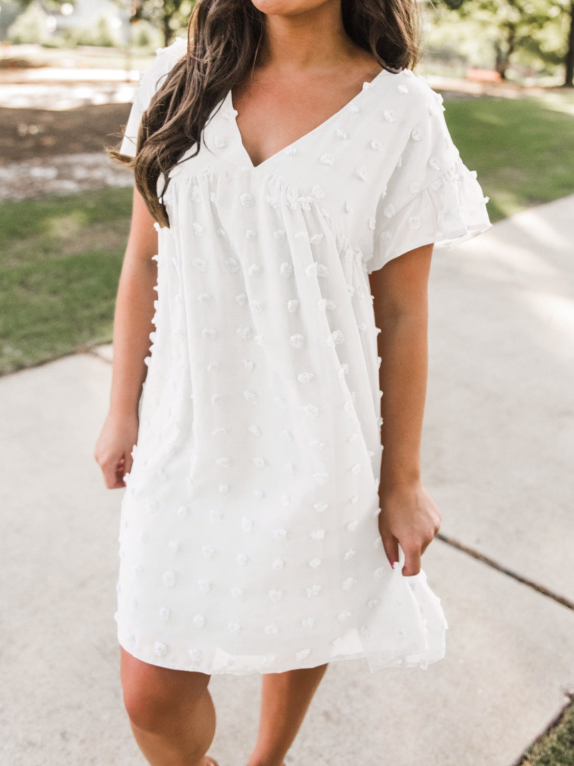 Swiss Dot V-Neck Short Sleeve Mini Dress