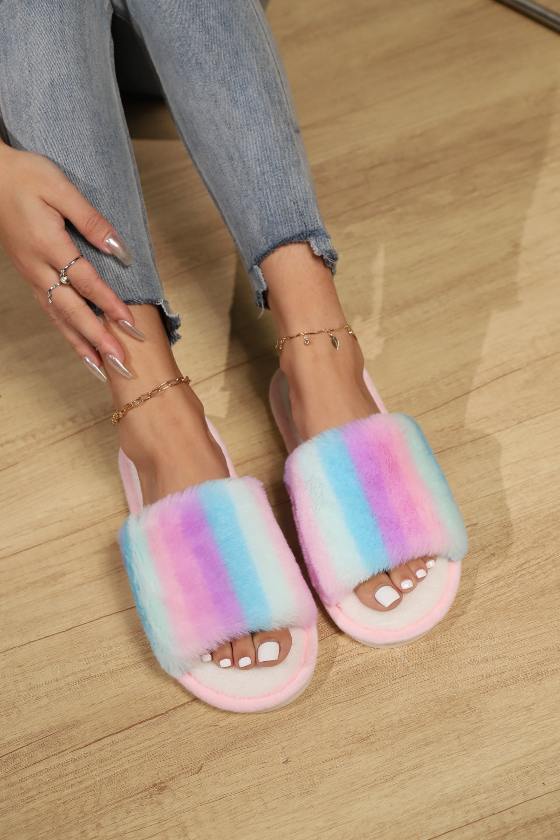 Color Block Open Toe Faux Fur PVC Slippers