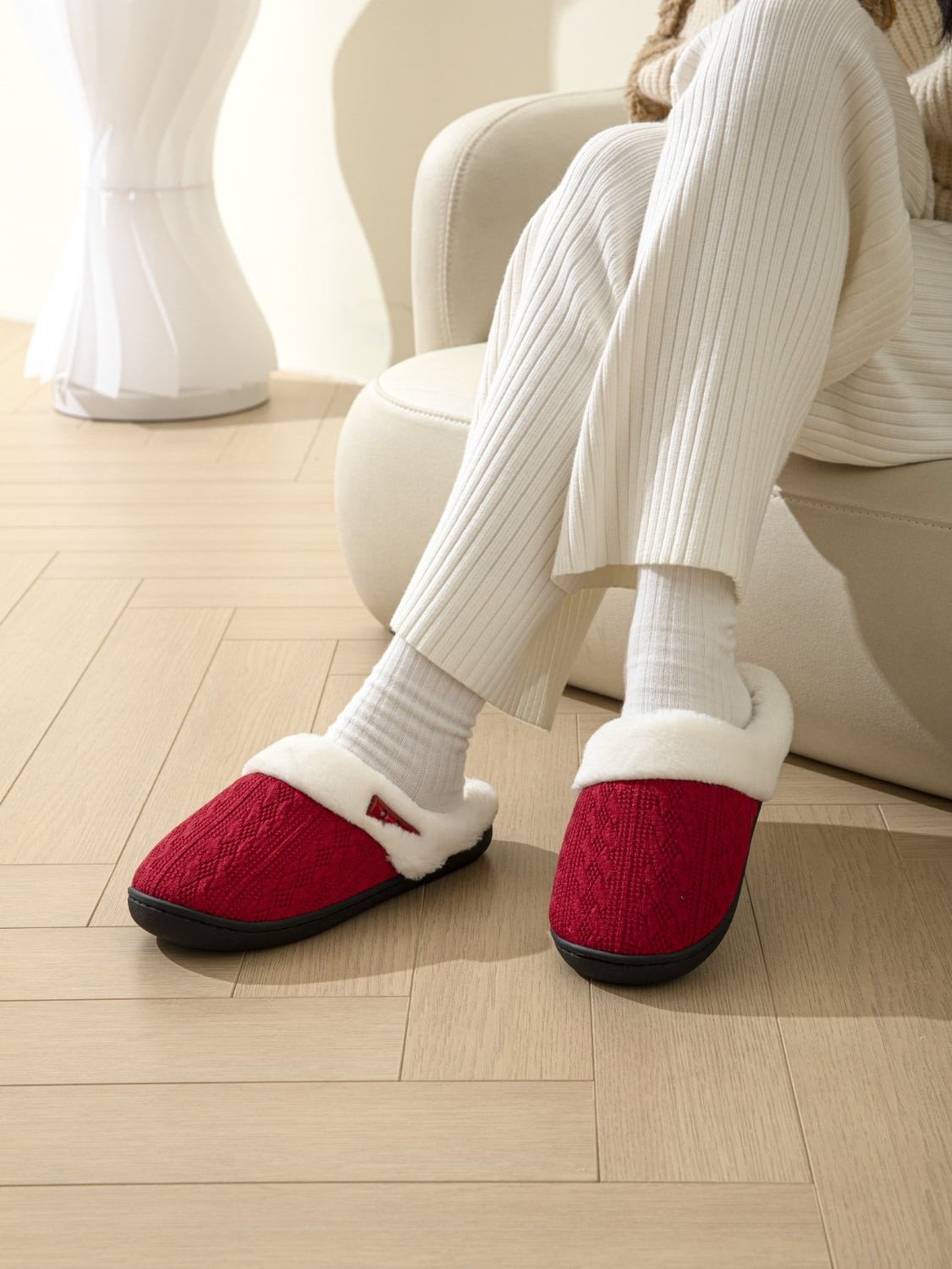 Horn Buckle Furry Texture Flat Slippers