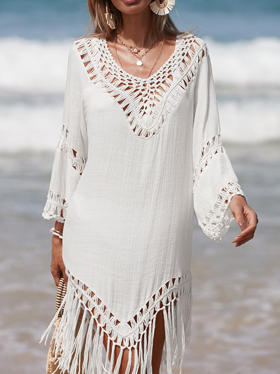 Cutout Fringe Scoop Neck Cover-Up