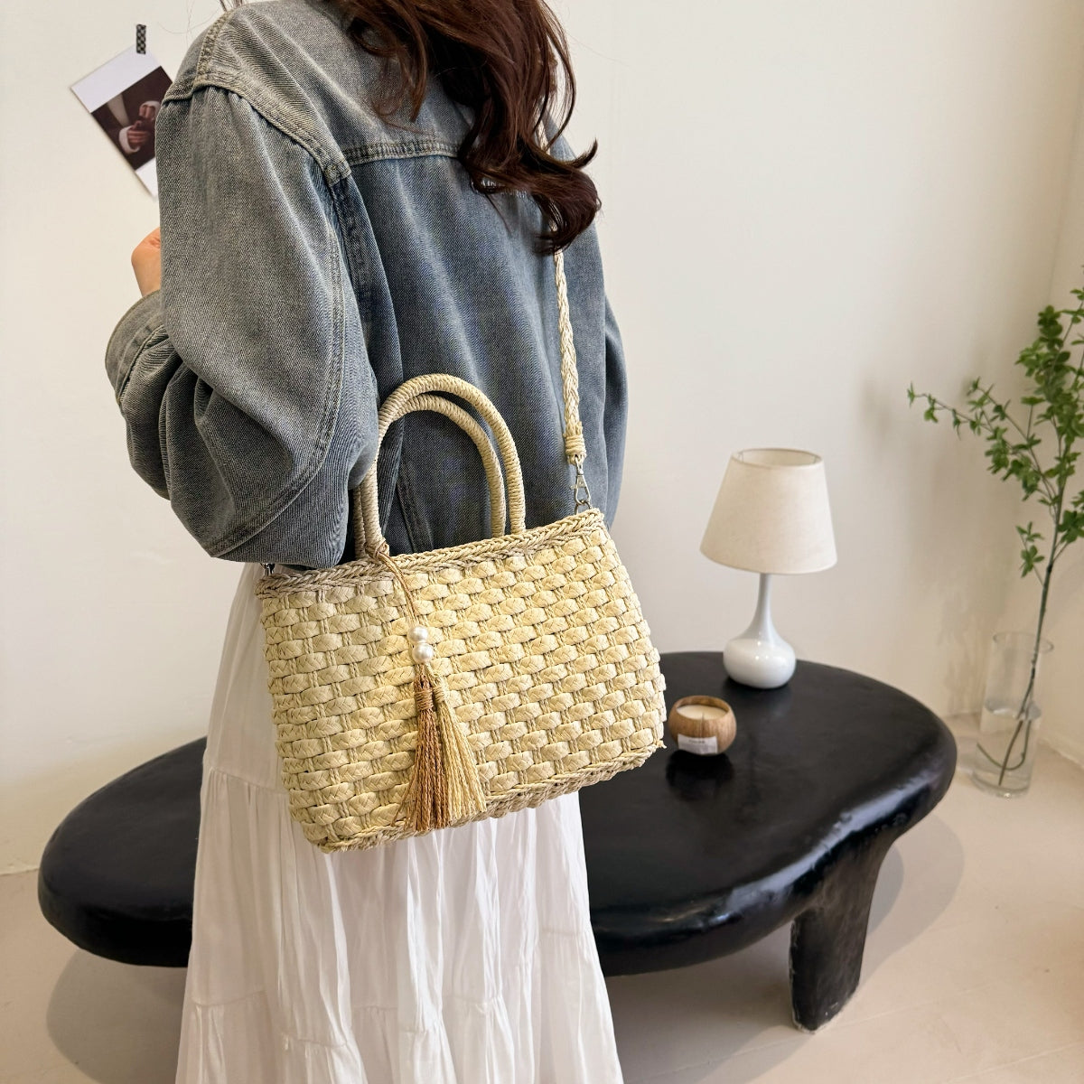 Braided Strap Paper Weave Shoulder Bag