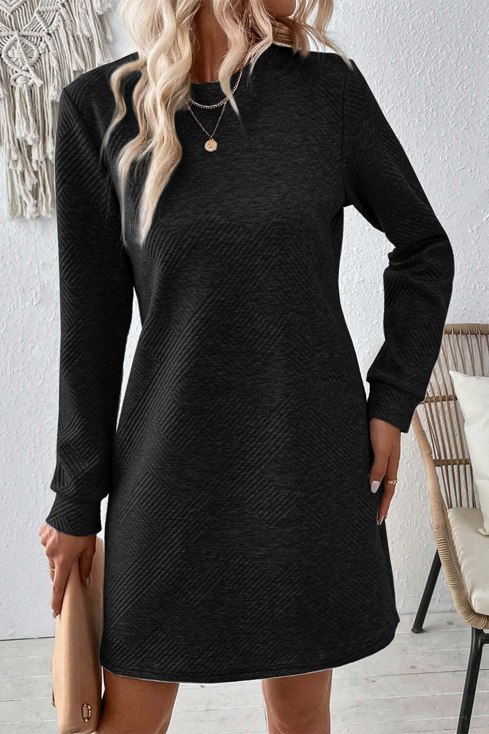 Textured Round Neck Long Sleeve Mini Dress