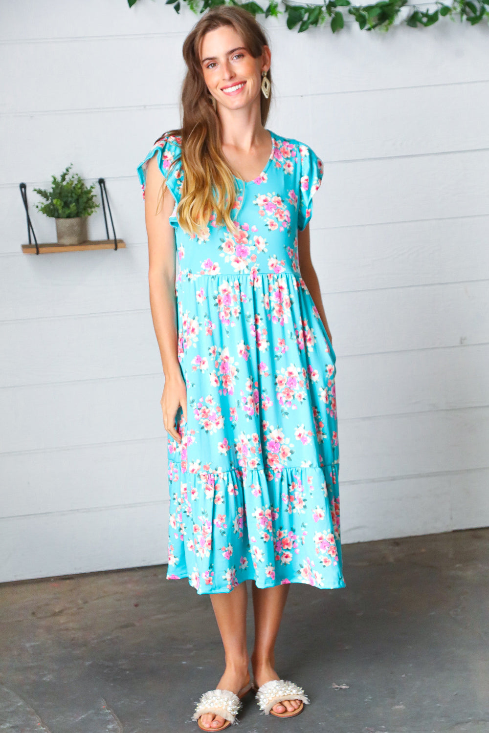 Aqua Floral Elastic Waist Fit and Flare Ruffle Midi Dress