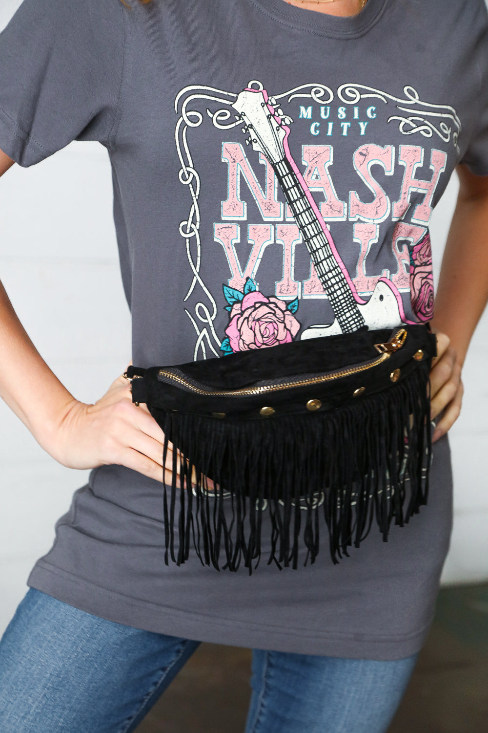 Black Faux Suede Fringe Convertible Fanny/Sling Bag