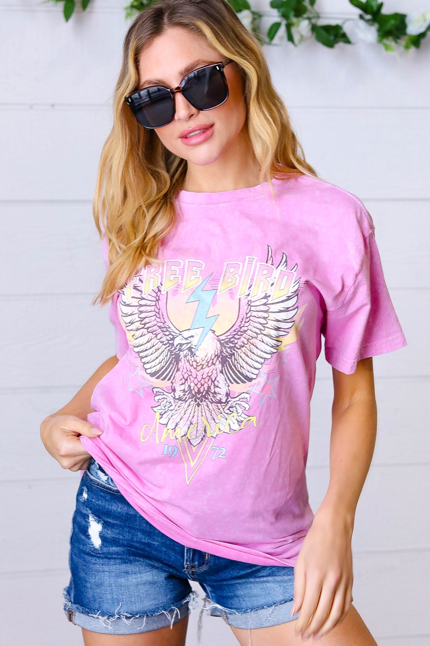 Acid Wash Pink "Free Bird" Graphic Tee