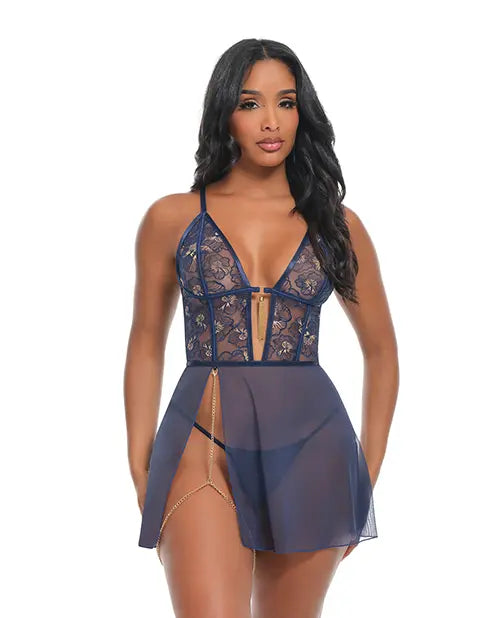 Bleu Floral Embroidered V-Plunge Babydoll w/Chain Tassel, Chain Garter, & G-String - Navy(Pre-order item)