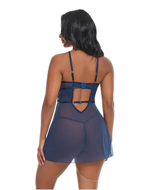 Bleu Floral Embroidered V-Plunge Babydoll w/Chain Tassel, Chain Garter, & G-String - Navy(Pre-order item)