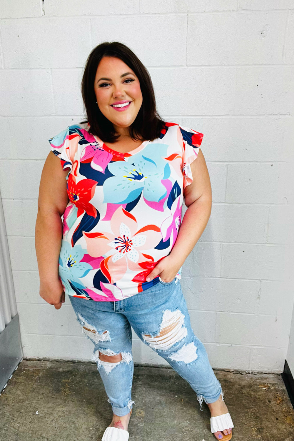 Multicolor Tropical Floral Print Flutter Sleeve Top