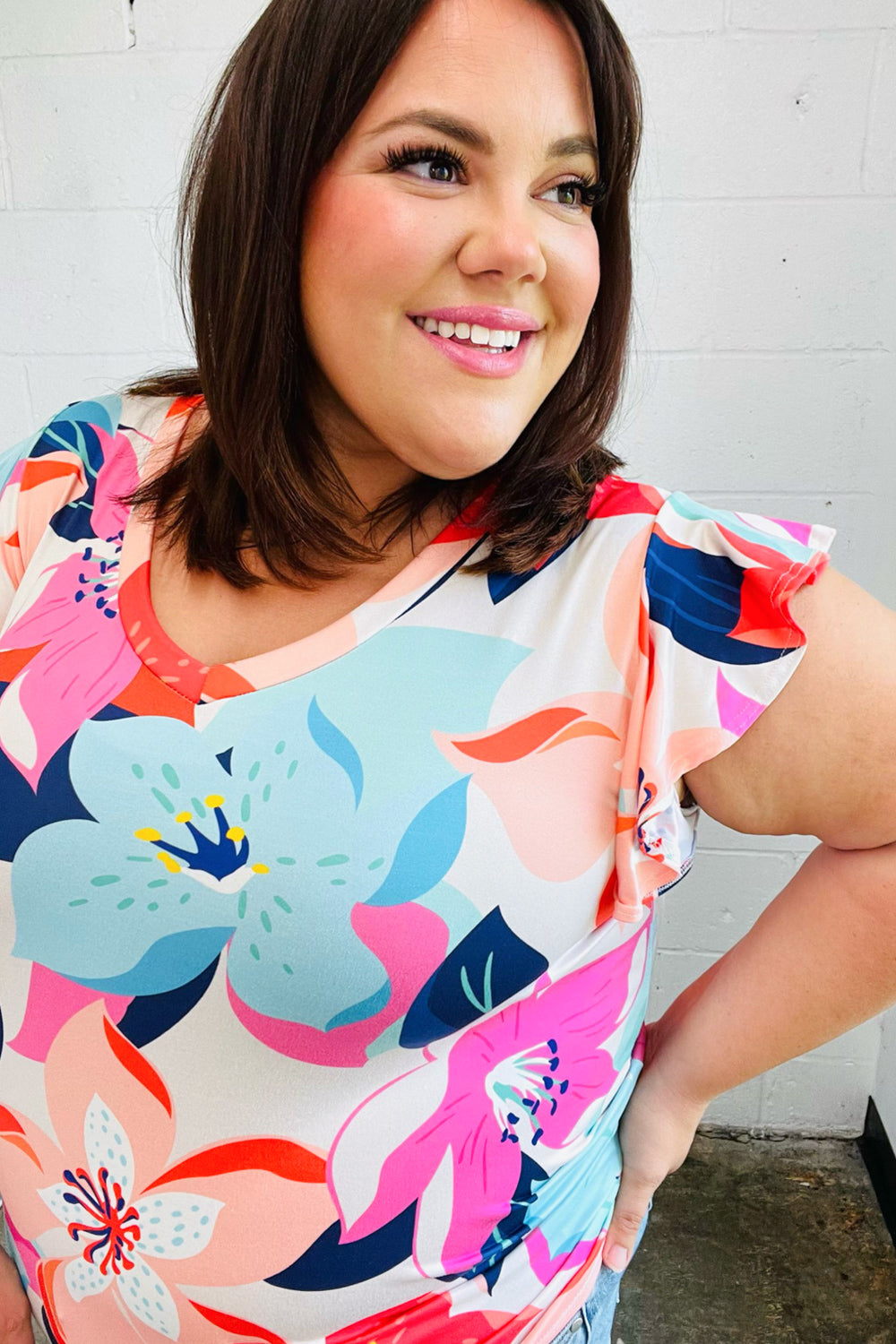 Multicolor Tropical Floral Print Flutter Sleeve Top