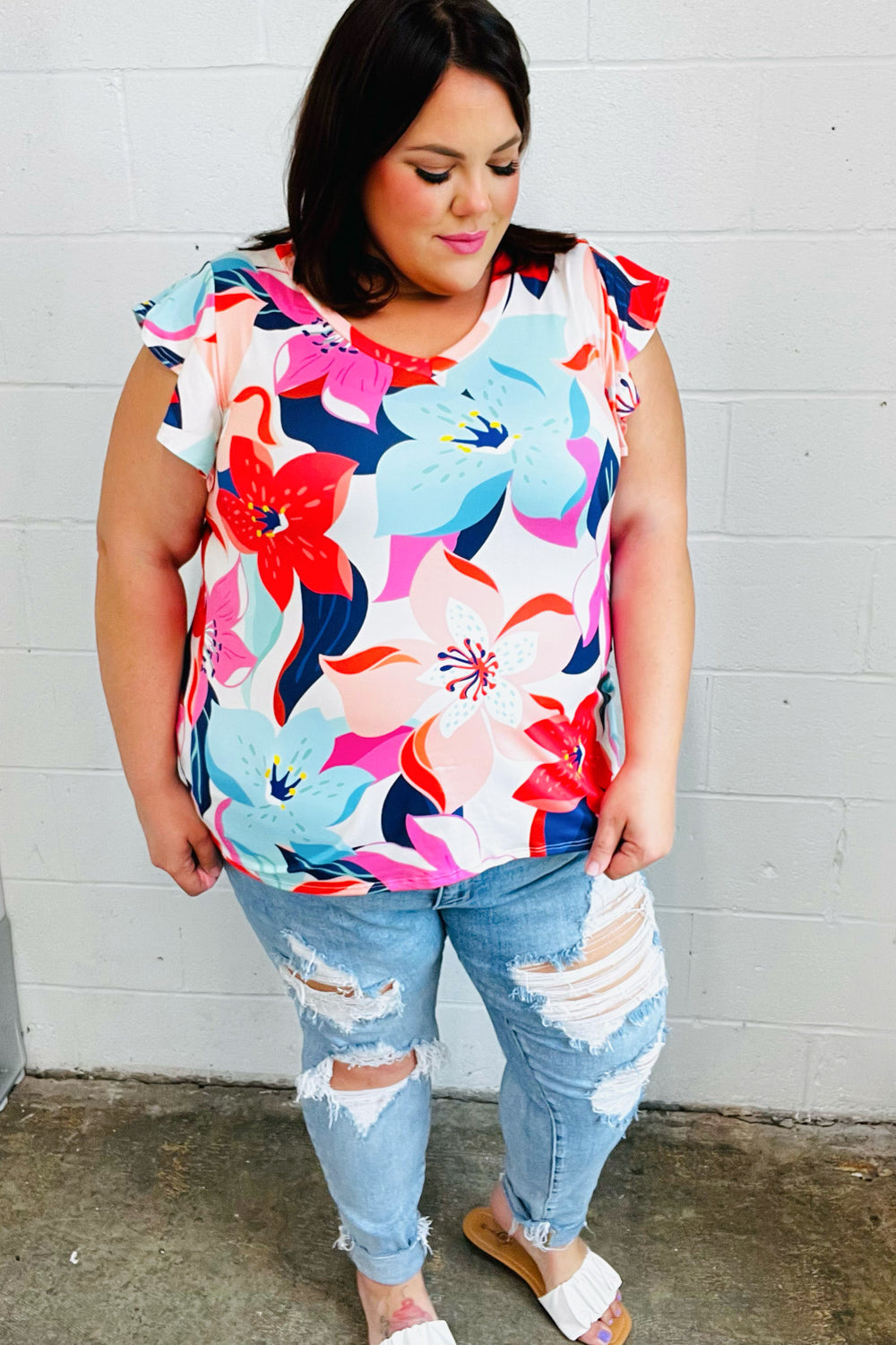 Multicolor Tropical Floral Print Flutter Sleeve Top