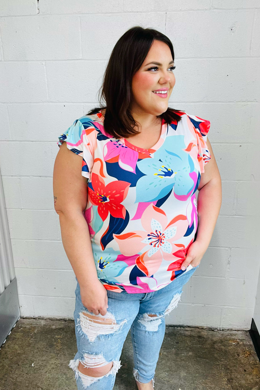 Multicolor Tropical Floral Print Flutter Sleeve Top