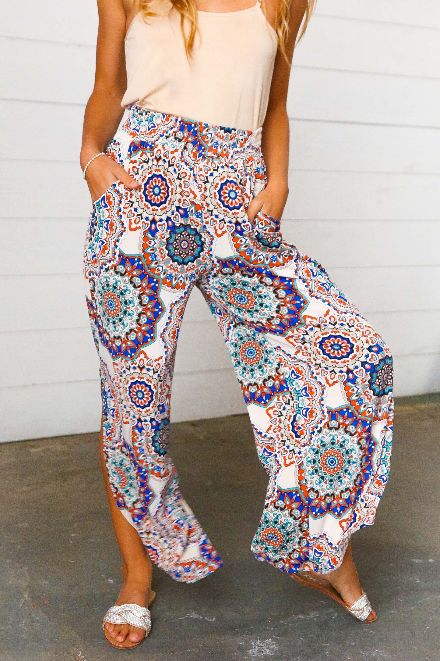 Azure Blue Boho Paisley Smocked Waist Slit Palazzo Pants