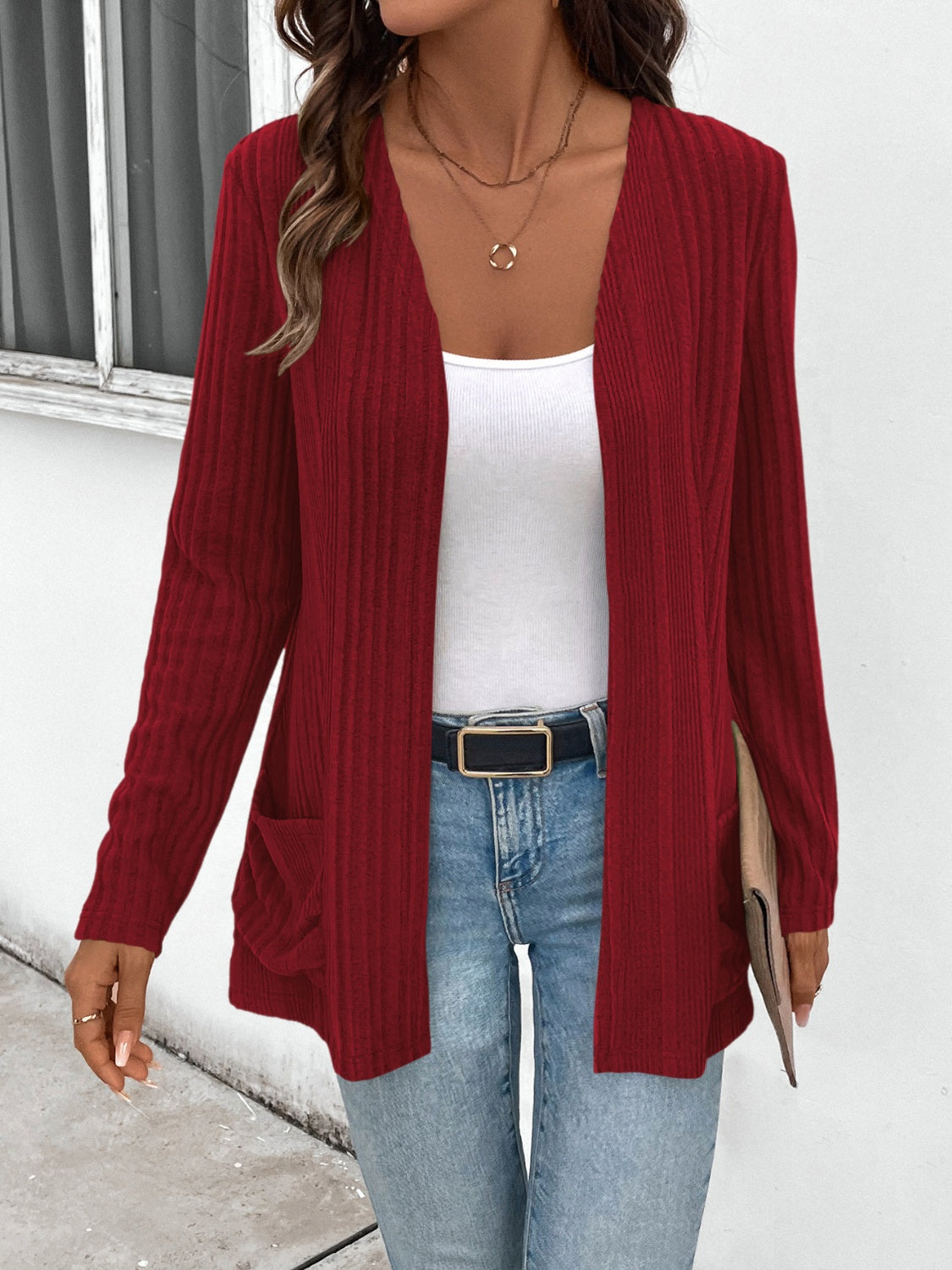 Pocketed Open Front Long Sleeve Cardigan