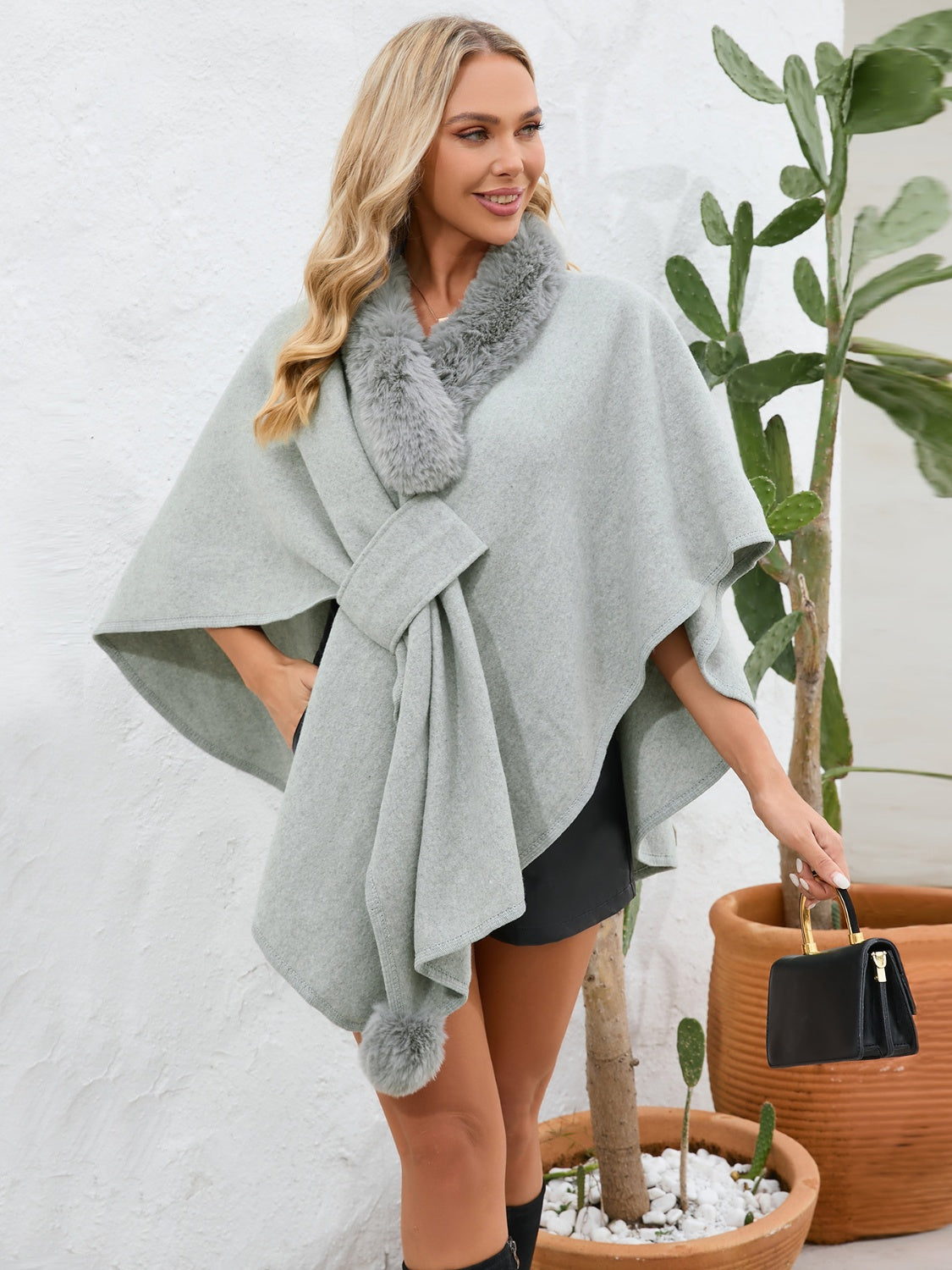 Fuzzy Trim Open Front Poncho