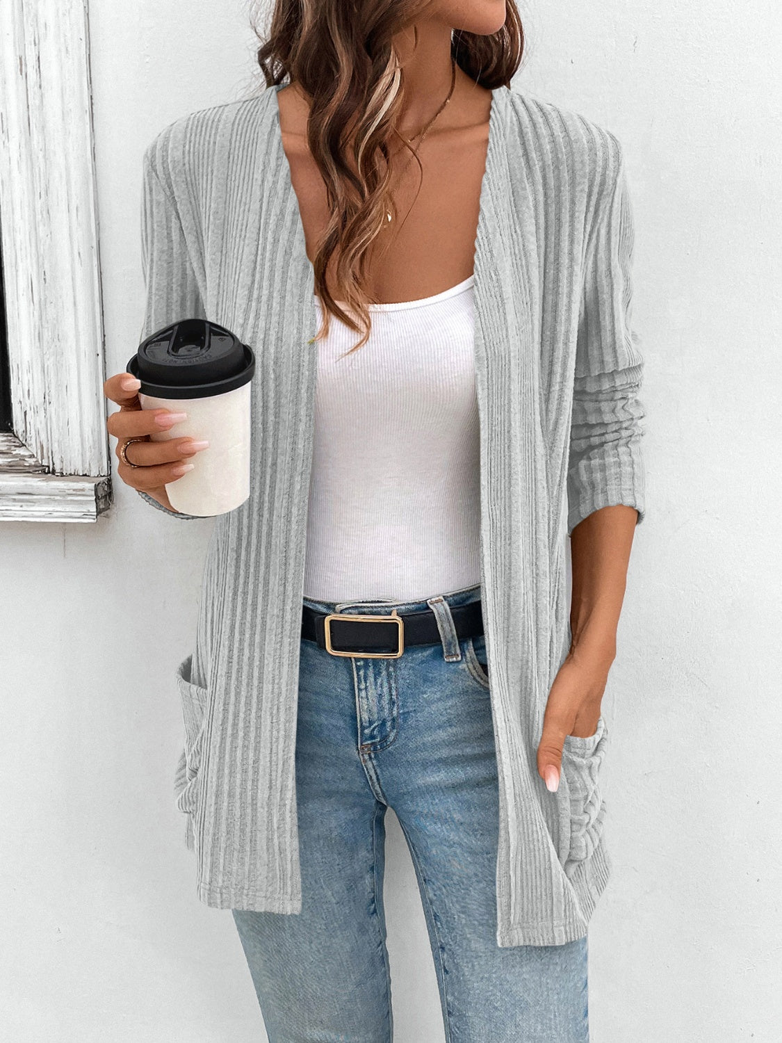 Pocketed Open Front Long Sleeve Cardigan