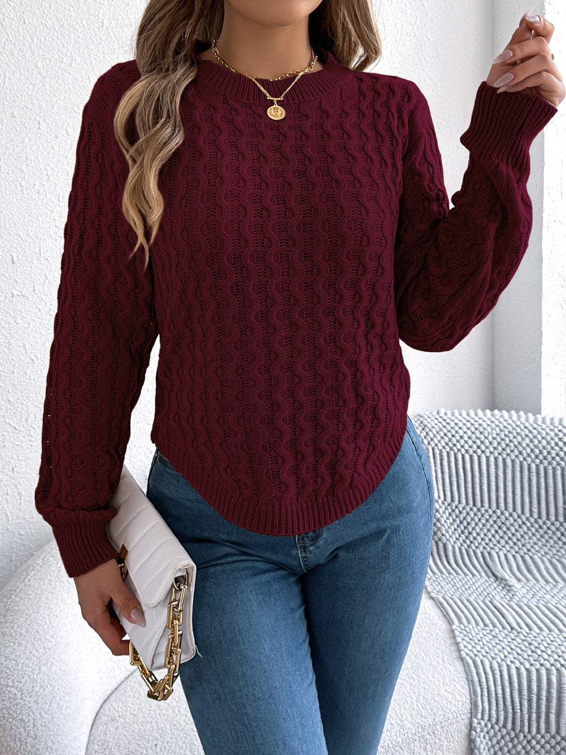 Asymmetric Hem Round Neck Long Sleeve Sweater