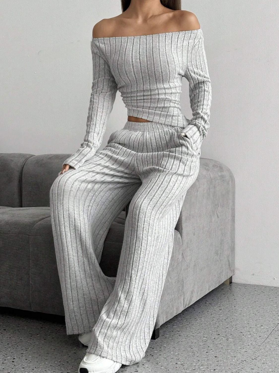 Ribbed Off-Shoulder Top and Pants Set