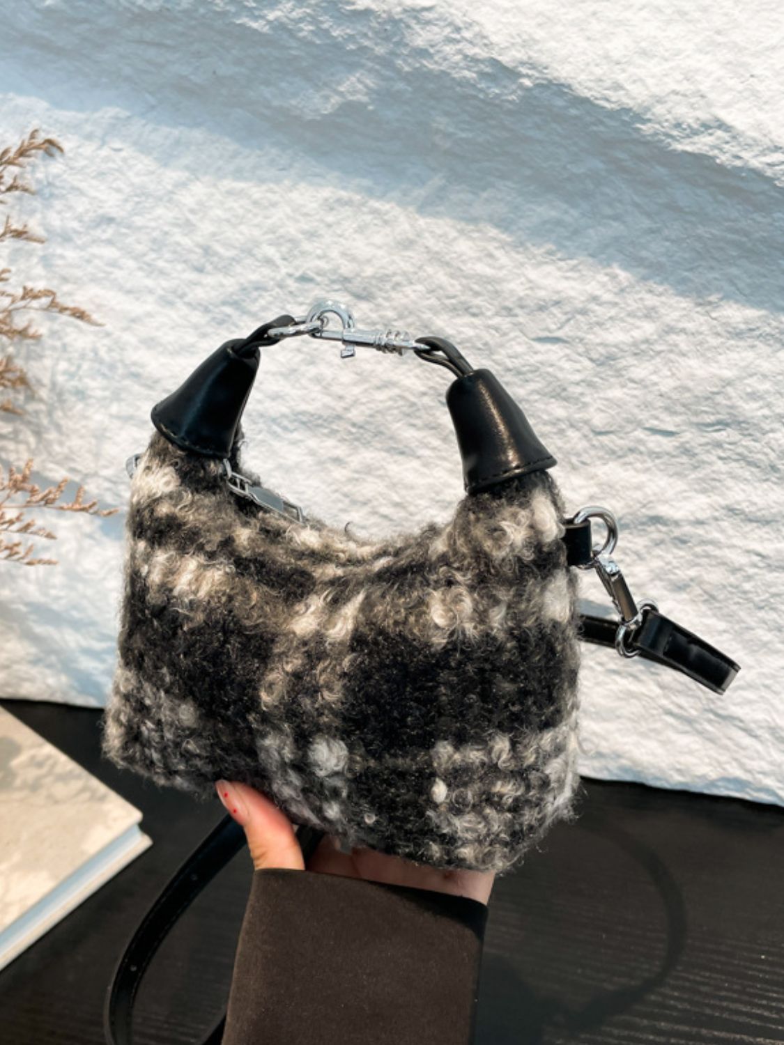 Fuzzy Polyester Mini Handbag with Zipper