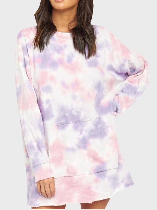 Pocketed Tie-Dye Round Neck Long Sleeve Dress