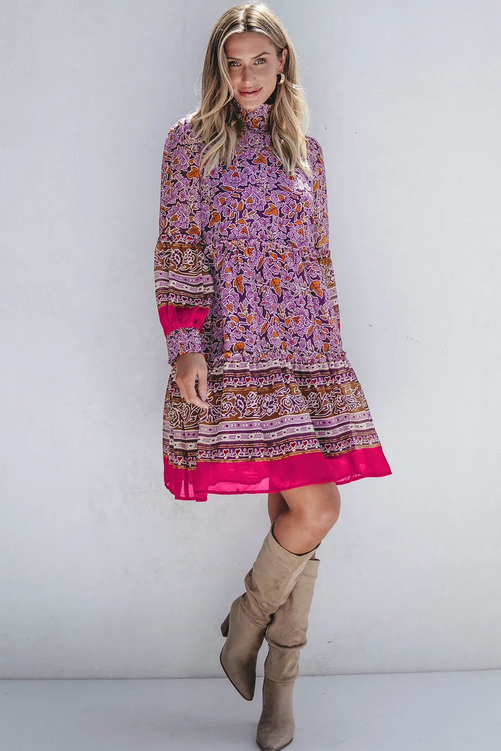 Smocked Floral Turtleneck Long Sleeve Dress