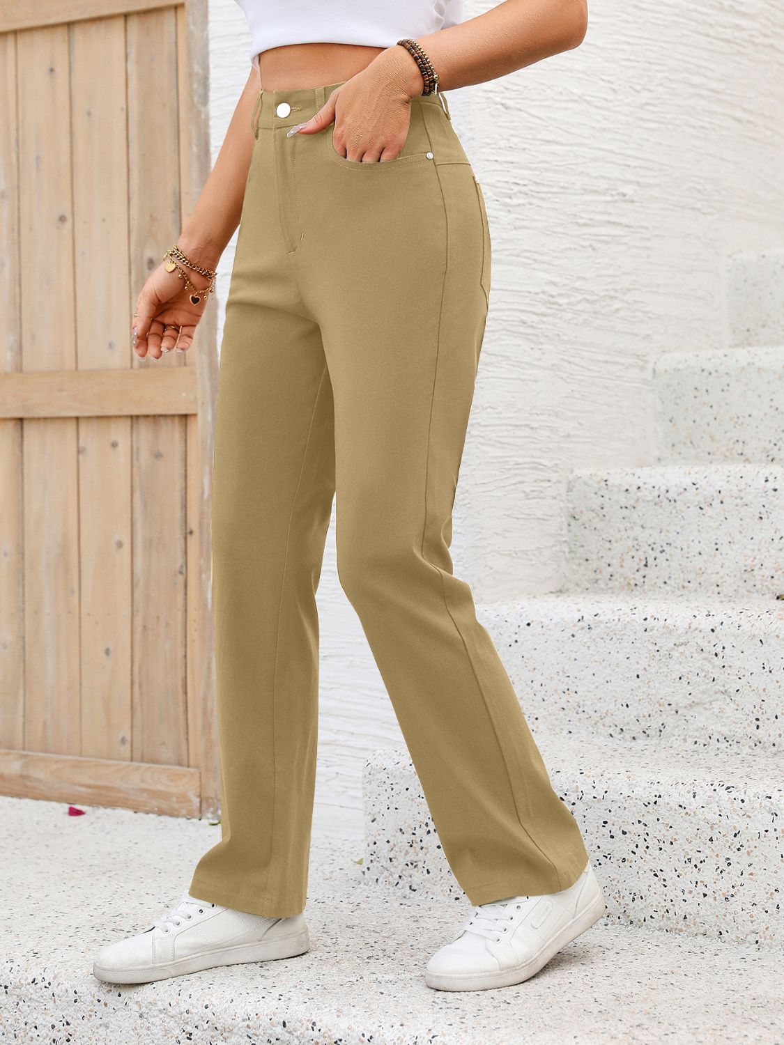 Pocketed High Waist Straight Pants