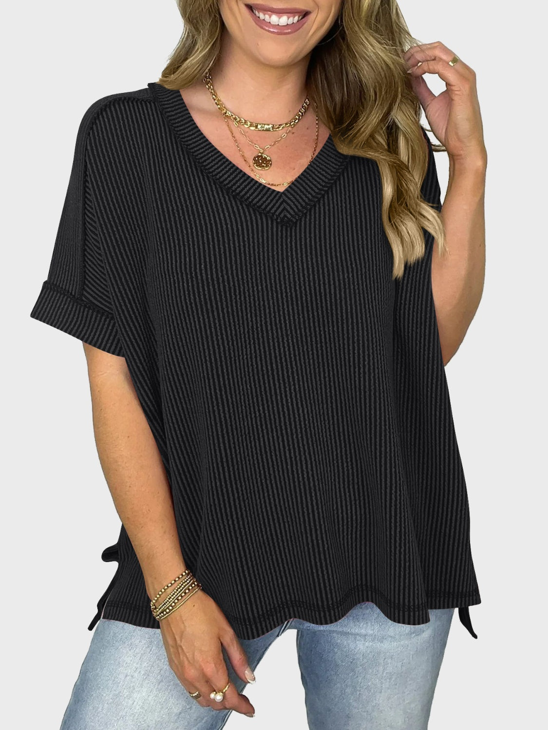 Lovelet Texture V-Neck Half Sleeve T-Shirt