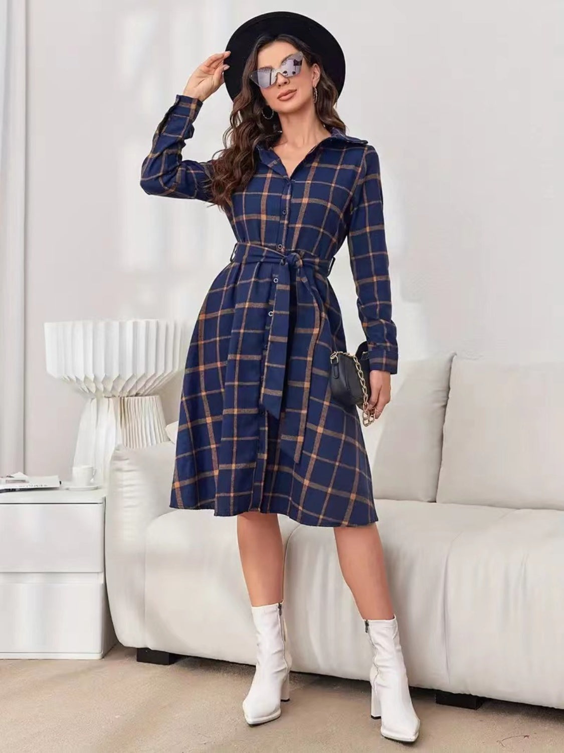 Plaid Tie Waist Long Sleeve Dress