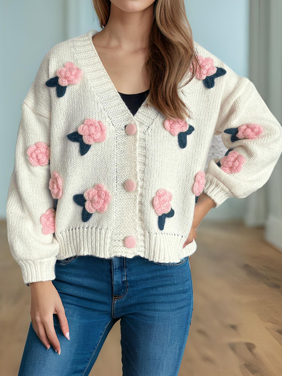 Flower Button Down V-Neck Long Sleeve Cardigan