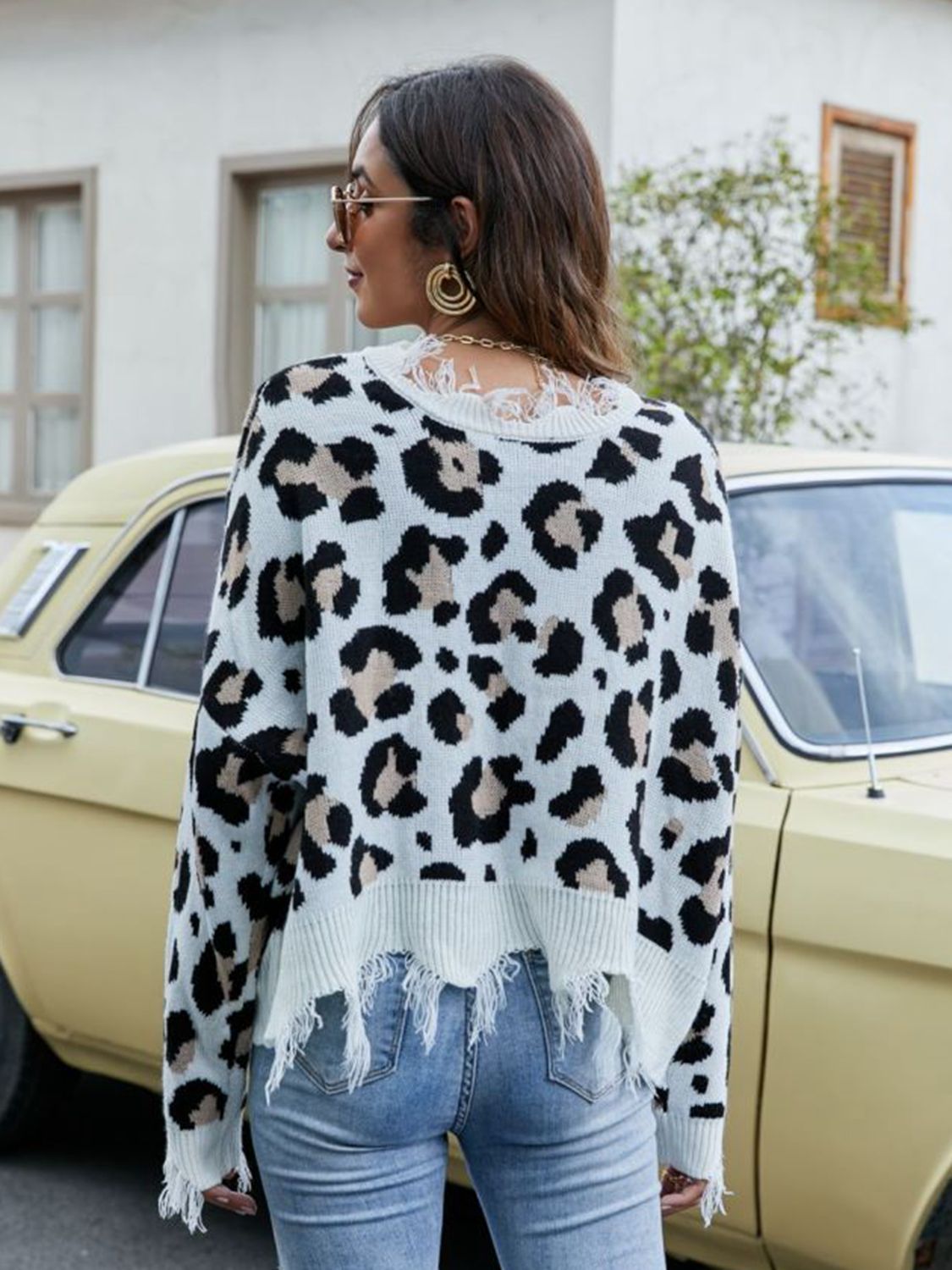 Animal Print Distressed V-Neck Drop Shoulder Sweater