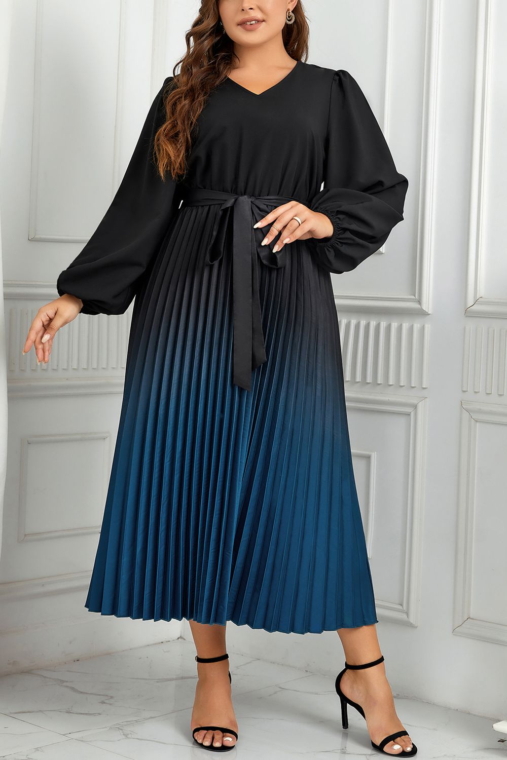 Plus Size V-Neck Long Sleeve Pleated Tie Waist Midi Dress