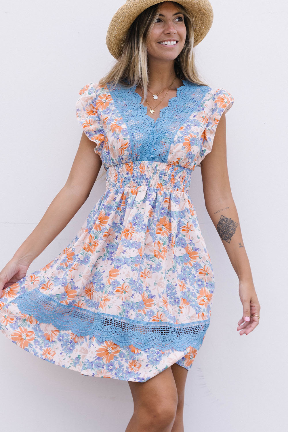 Floral Smocked Waist Spliced Lace Dress