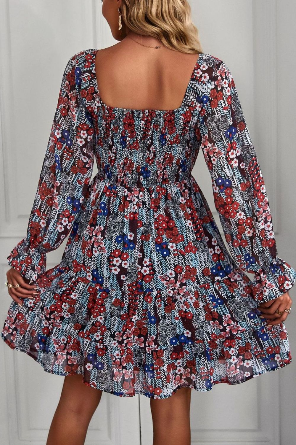 Floral Long Flounce Sleeve Square Neck Dress