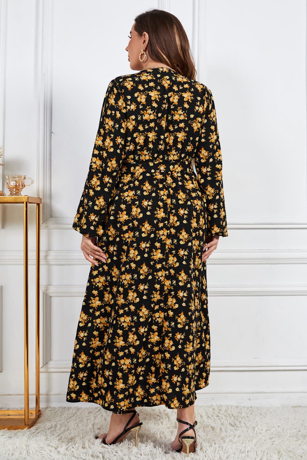 Plus Size Floral Surplice Neck Long Sleeve Dress