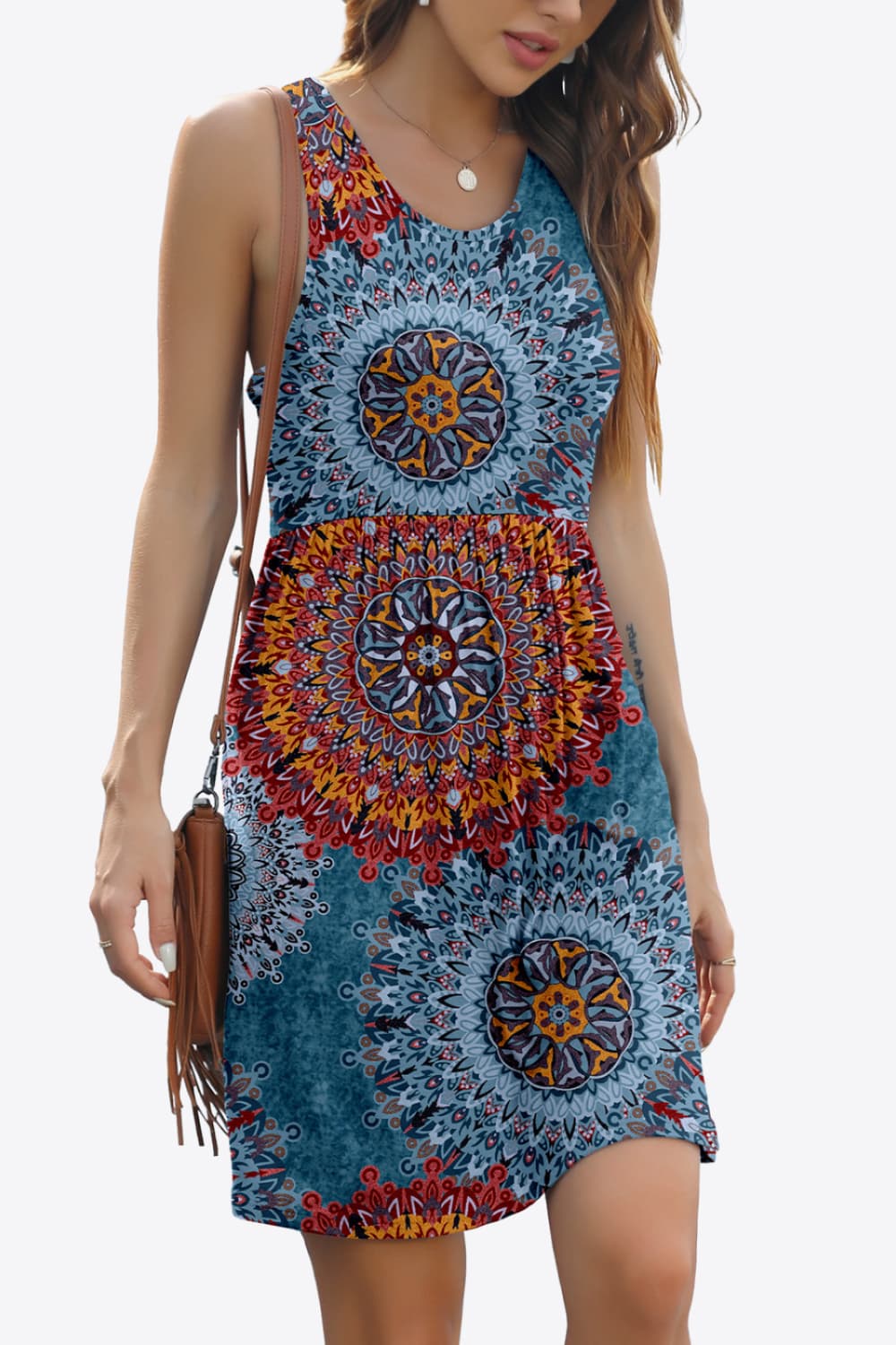 Printed Round Neck Sleeveless Dress with Pockets