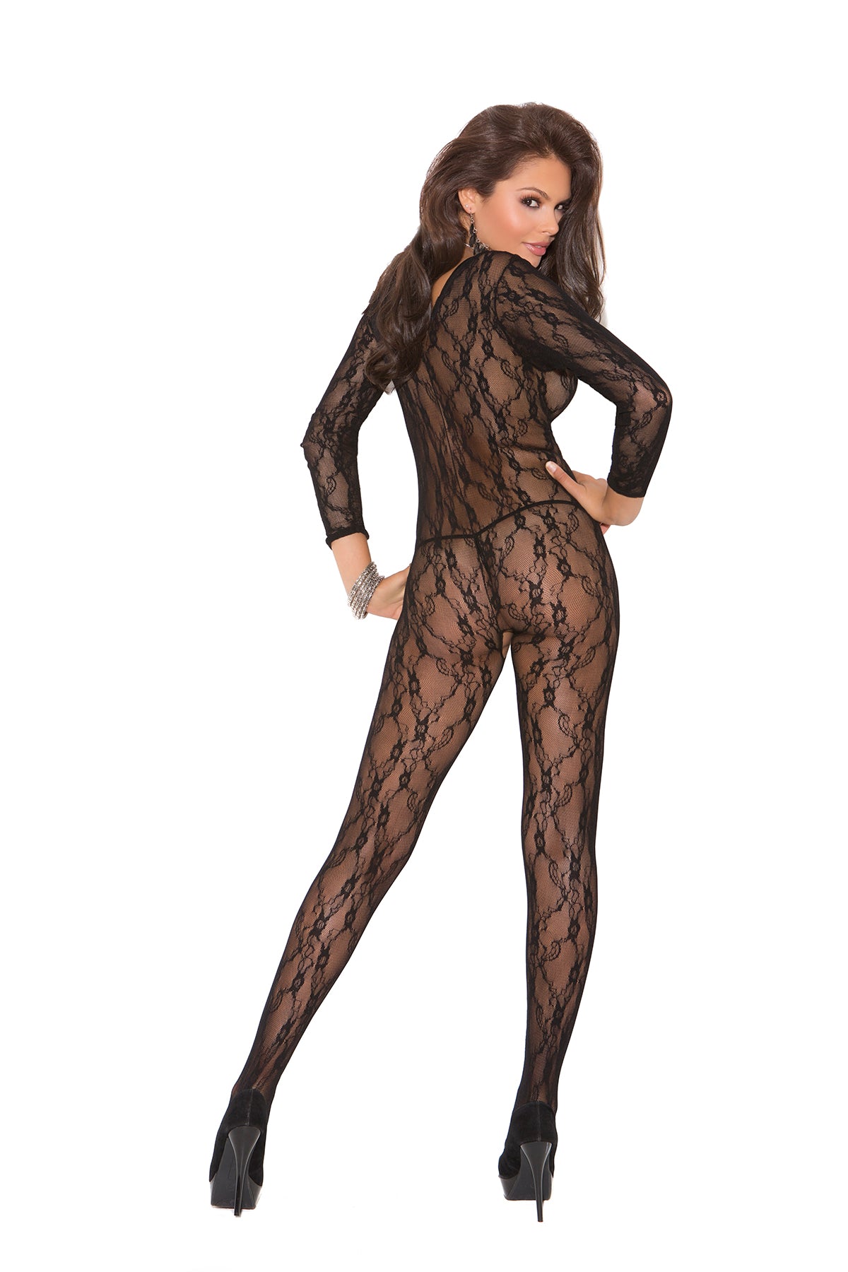 Deep V Long Sleeve Bodystocking With Open Crotch