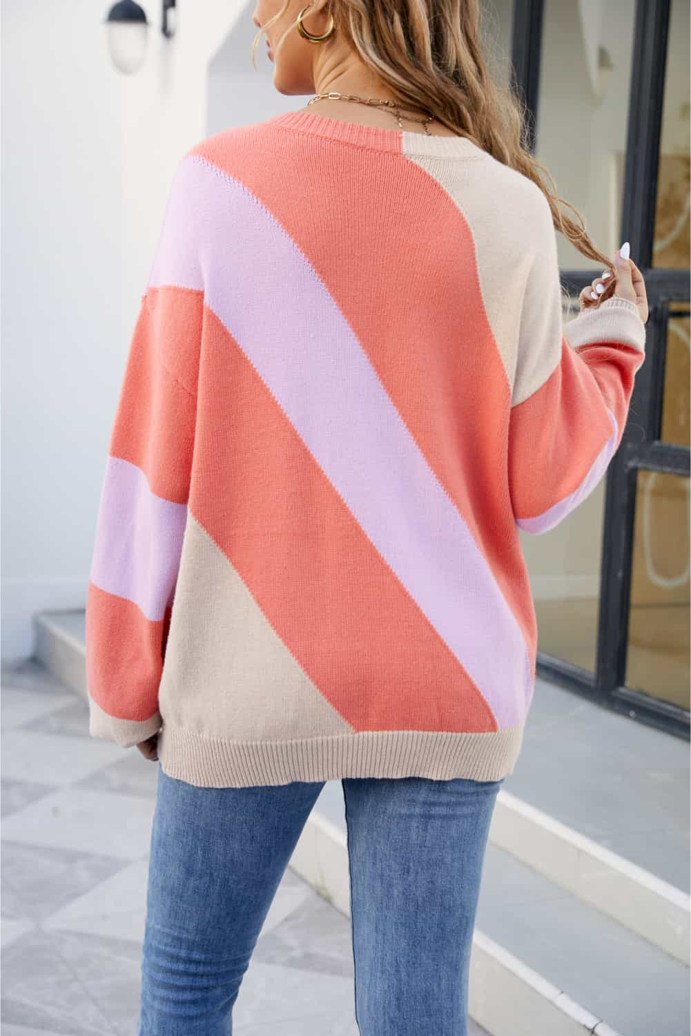 Color Block Ribbed Round Neck Sweater