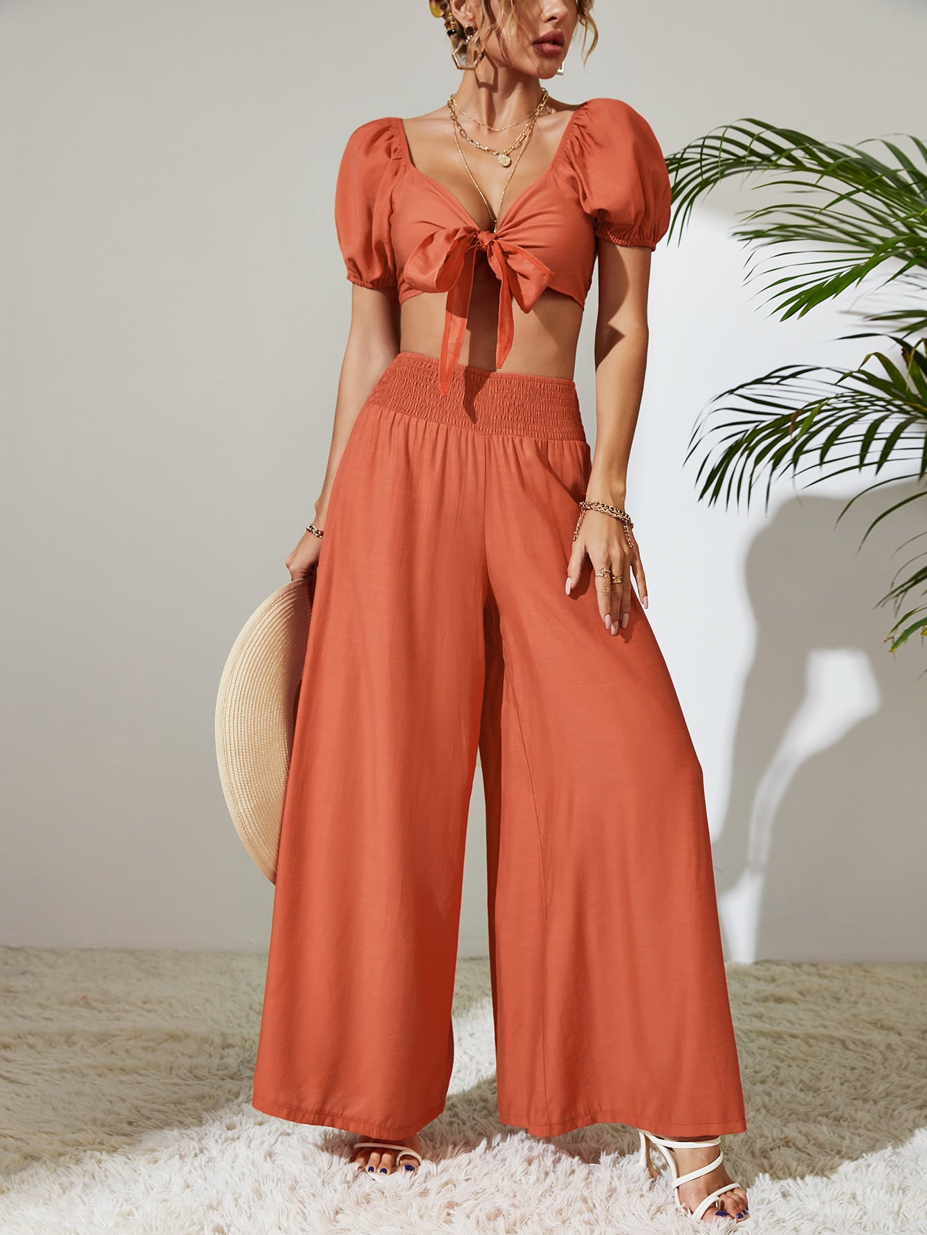 Tie Front Cropped Top and Smocked Wide Leg Pants Set