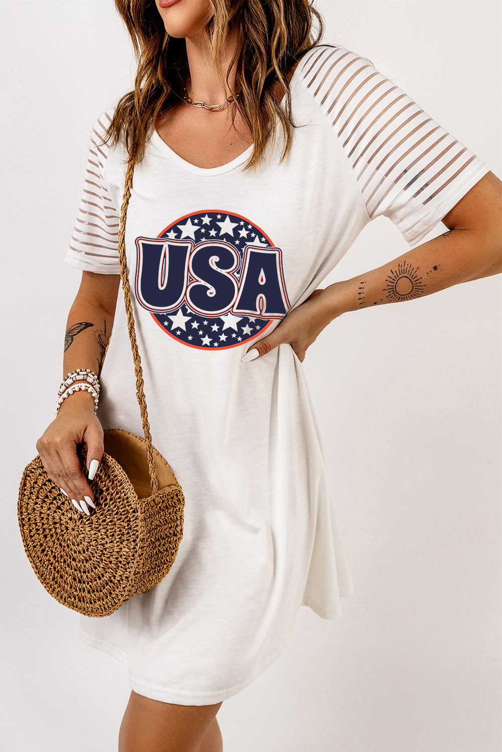 USA Sheer Striped Sleeve Tee Dress